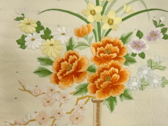 アンティーク　プラチナ引箔　花瓶模様刺繍名古屋帯